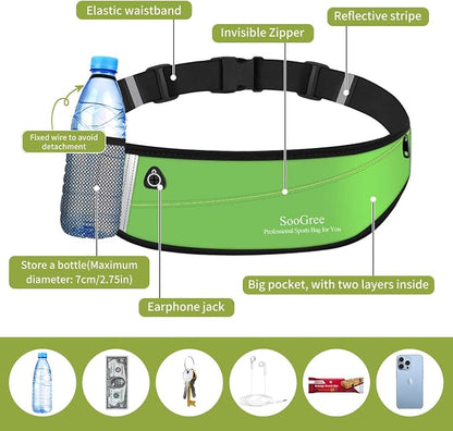 SooGree Slim Running Belt Fanny Packs for Women Men,Water Bottle Holder Hydration Fanny Pouch,Waterproof Sport Waist Pack with Reflective Strip,Runner Belt Bag for Running Cycling Camping Gym (Green)