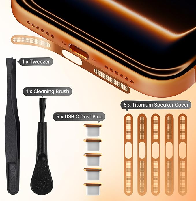 iPhone 17 Pro Max Speaker Protector Cover Accessories - 5PCS USB C Dust Plug & Earpiece Speaker Mesh Adhesive Stickers for iPhone 17 Pro Max / 17 Pro, Type C Charging Port Cover with Tweezer, Orange