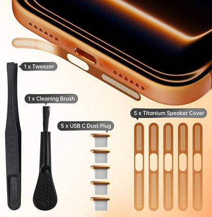 iPhone 17 Pro Max Speaker Protector Cover Accessories - 5PCS USB C Dust Plug & Earpiece Speaker Mesh Adhesive Stickers for iPhone 17 Pro Max / 17 Pro, Type C Charging Port Cover with Tweezer, Orange