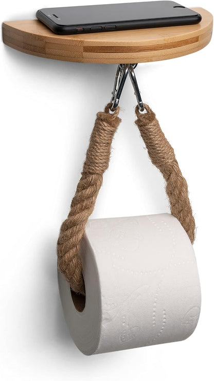 Modern Hanging Wall Mount Natural Bamboo Toilet Paper Holder Rope with Convenience Shelf Tray for Toilet Paper, Phone, Plants, Decor, and Other Accessories