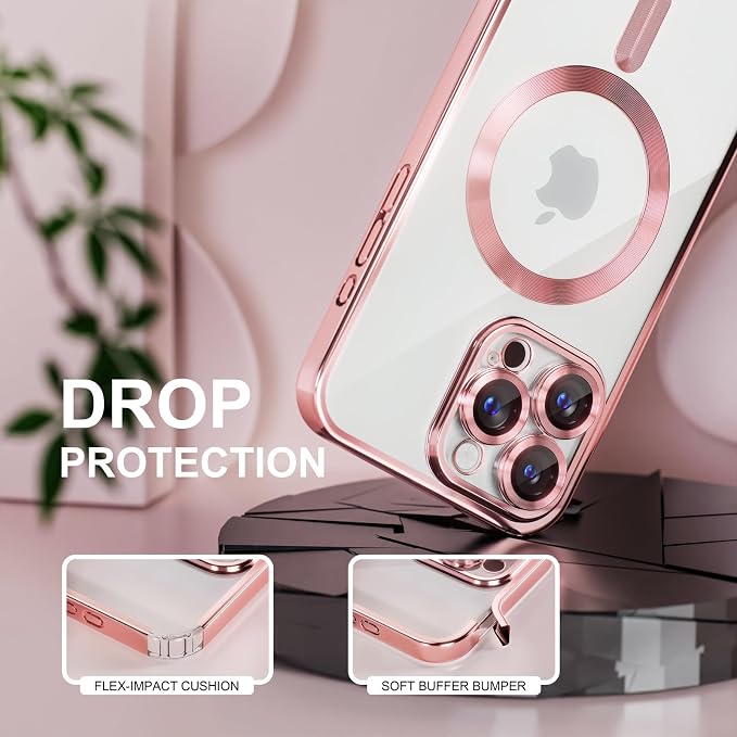 Misea Magnetic for iPhone 16 Pro Max Case Compatible with MagSafe [Never Yellowing] [Military Grade Drop Protection] Full Camera Lens Protector Plating Soft Clear Phone Case for Women 6.9", Pink