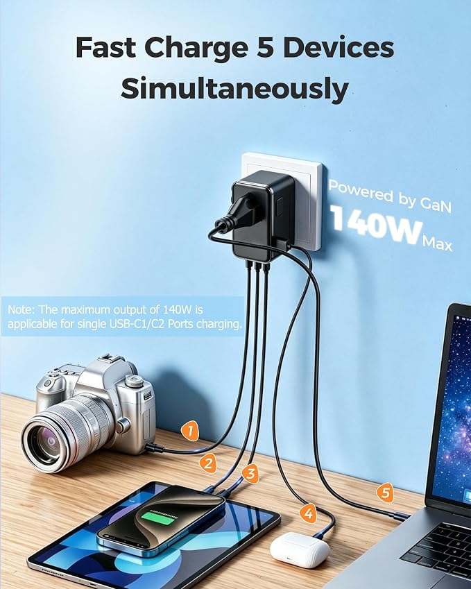 140W GaN Universal Travel Adapter, Laptop Charger International Power Adapter with 3 USB-C, USB-A & 2500W AC Outlet, Fast Charging for MacBook iPhone Samsung Laptop & More in 200+ Countries