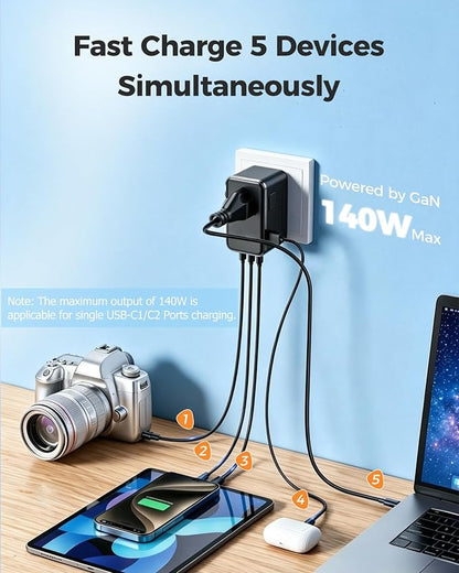 140W GaN Universal Travel Adapter, Laptop Charger International Power Adapter with 3 USB-C, USB-A & 2500W AC Outlet, Fast Charging for MacBook iPhone Samsung Laptop & More in 200+ Countries