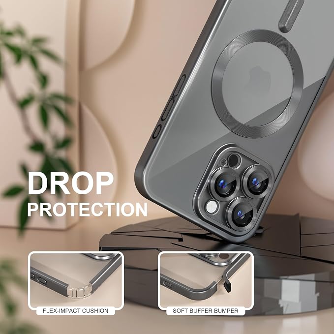 Misea Magnetic for iPhone 16 Pro Max Case Compatible with MagSafe [Never Yellowing] [Military Grade Drop Protection] Full Camera Lens Protector Plating Soft Clear Phone Case for Women, Titanium Black