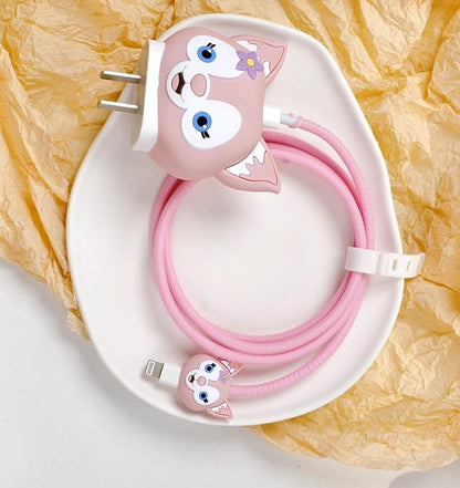 3D Cute Wall Charger Protector Case - Compatible for Apple 20W USB-C Power Adapter and Lightning Cable (Pink Lina)