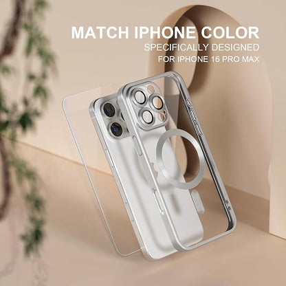 Misea Magnetic for iPhone 16 Pro Max Case Compatible with MagSafe [Never Yellowing] [Military Grade Drop Protection] Full Camera Lens Protector Plating Soft Clear Phone Case for Women, Titanium Silver