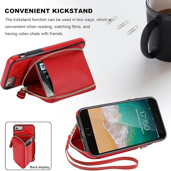 Bocasal Crossbody Wallet Case for iPhone SE 2022/SE 2020/8/7, RFID Blocking PU Leather Zipper Handbag Purse Flip Cover, Kickstand Folio Case with Card Slots Holder Wrist Strap Lanyard 4.7 Inch (Red)