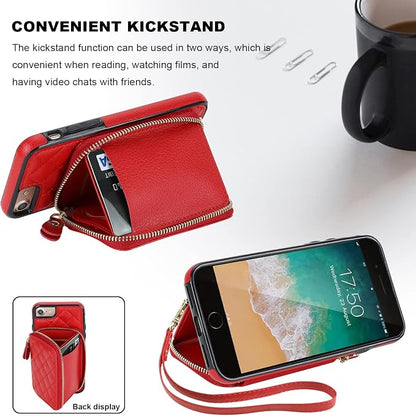 Bocasal Crossbody Wallet Case for iPhone SE 2022/SE 2020/8/7, RFID Blocking PU Leather Zipper Handbag Purse Flip Cover, Kickstand Folio Case with Card Slots Holder Wrist Strap Lanyard 4.7 Inch (Red)