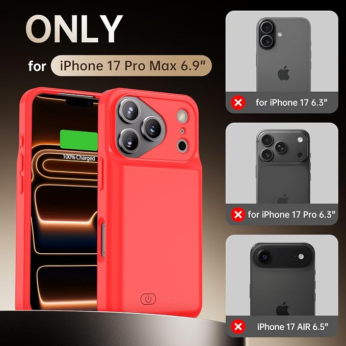 GIN FOXI Battery Case for iPhone 17 Pro Max, Rechargeable Case Charger 8500mAh Ultra-Slim Lightweight Powerful Battery Pack 15W Fast Charging Anti-Fall TPU Juice Box for 17 Pro Max (6.9") Red