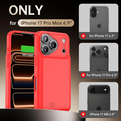 GIN FOXI Battery Case for iPhone 17 Pro Max, Rechargeable Case Charger 8500mAh Ultra-Slim Lightweight Powerful Battery Pack 15W Fast Charging Anti-Fall TPU Juice Box for 17 Pro Max (6.9") Red