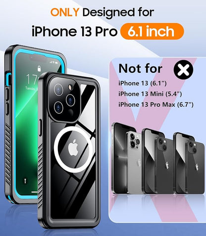 Temdan Magnetic for iPhone 13 Pro Case Waterproof,Built-in Screen Protector[IP68 Underwater][Upgrade Military Dropproof][Compatible with MagSafe] Full Body Shockproof for Phone Case 6.1''-Blue