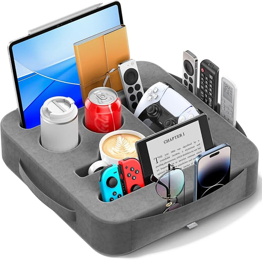 Couch Cup Holder Tray, Couch Caddy for Drink, Snack, Phone, Remote, Ipad, Game Controller, Large-Size Sofa Cup Holder for Bed, Sofa, Car, Desk, Deep Gray