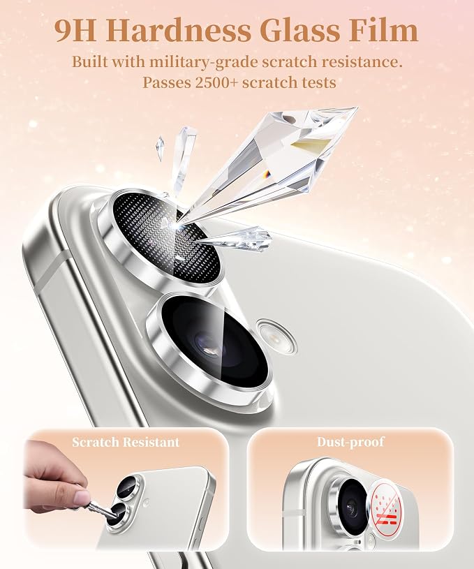 GolbinBox Camera Lens Protector for iPhone 17/16/16 Plus, 1:1 Invisible Fit, 9H Tempered Glass Ultra HD Metal Individual Camera Cover, Case Friendly, Silver