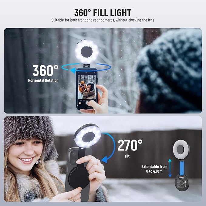 NEEWER ENTRY LEVEL VERSION Magnetic Selfie Light Compatible with MagSafe iPhone, 4 Mode CRI95+ 914lx 1.5W Plastic Folding Small LED Phone Fill Ring Lighting for Recording Makeup Video Conference,NL40R