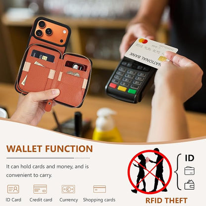 Keallce Wallet Case for iPhone 17 Pro Max 6.9 Inch, Genuine Leather Zipper Purse with Crossbody Strap, 4 Card Slots & RFID Blocking, Kickstand Flip Cover Shockproof for Women, Orange