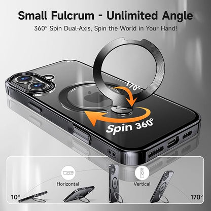 [Tri-Shield Protection] for iPhone 16 Case with 360° Spin Stand Compatible with MagSafe [Magnetic CD Ring] [Screen & Camera Lens Protector] Shockproof Plating Never-Yellowing, Black-6.1"
