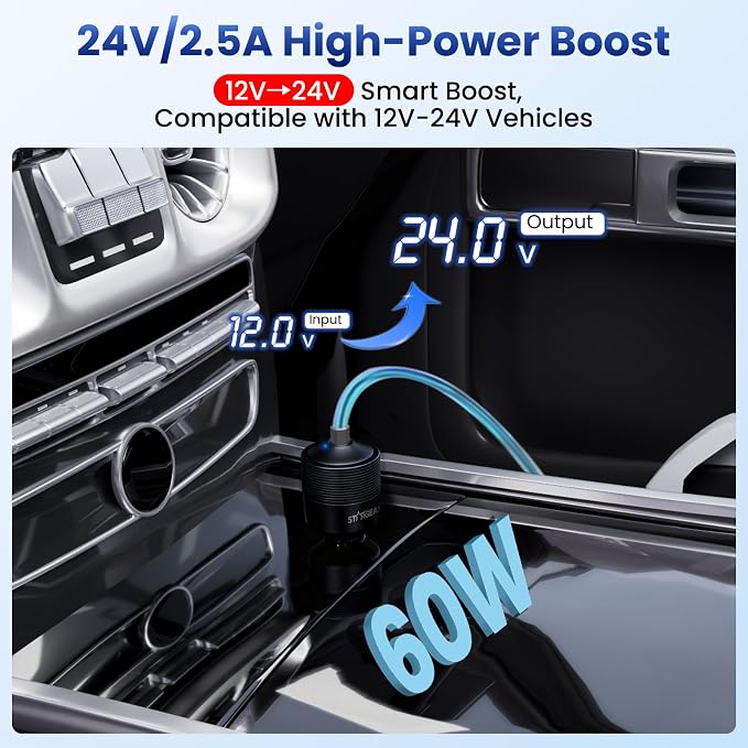 Starlink Mini Car Adapter 12V to 24V DC Step Up Converter with 60W Car Cigarette Lighter Adapter, Starlink Mini 12V Adapters Supports 16 AWG Official 30M, Ideal for RV, Boat, Trailer（Black）
