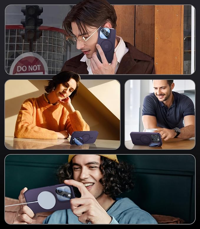 for iPhone 14 Pro Max Case with Camera Cover Stand [Built-in 9H Camera Lens Protector][Fit for Magsafe] Military Grade Shockproof Translucent Matte Magnetic Phone Case 6.7", Purple