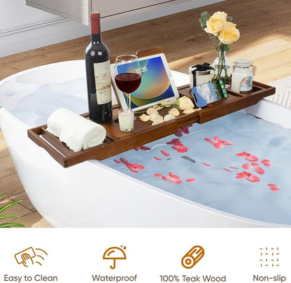 Kiasthome Teak Bathtub Caddy, Expandable Bath Tray, Non‑Slip Luxury Tub Caddy with Wine Phone Tablet Holder, Wooden Bath Accessory for Home Spa and Gift