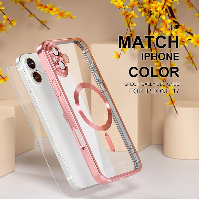 Misea Magnetic for iPhone 17 Case Compatible with MagSafe [Never Yellowing] [Military Grade Drop Protection] Full Camera Lens Protector Plating Soft Clear Phone Case for Women, Pink