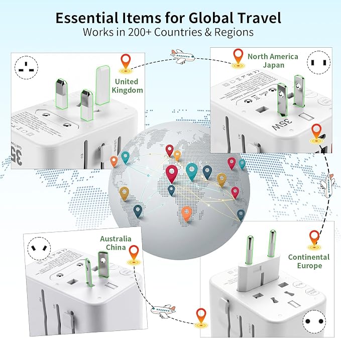 Realmade 35W PD International All-in-One Travel Adapter, 2C+2A White 5-in-1 | 5-Port 1AC 2USB-A 2USB-C all-in-one international plug for EU US UK travel essential