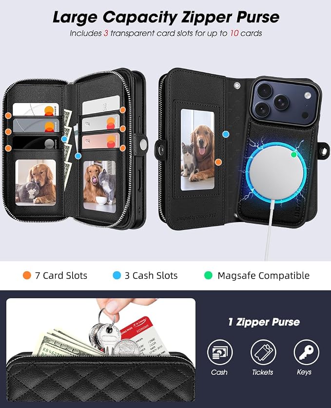 OCASE for iPhone 17 Pro Crossbody Detachable Wallet Case, PU Leather Handbag Phone Purse with Zipper Closure, Card Slots & RFID Blocking, Wrist Strap, Lanyard, Kickstand, Diamond Check Black