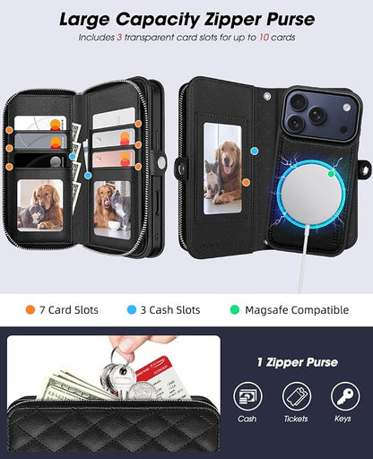 OCASE for iPhone 17 Pro Crossbody Detachable Wallet Case, PU Leather Handbag Phone Purse with Zipper Closure, Card Slots & RFID Blocking, Wrist Strap, Lanyard, Kickstand, Diamond Check Black
