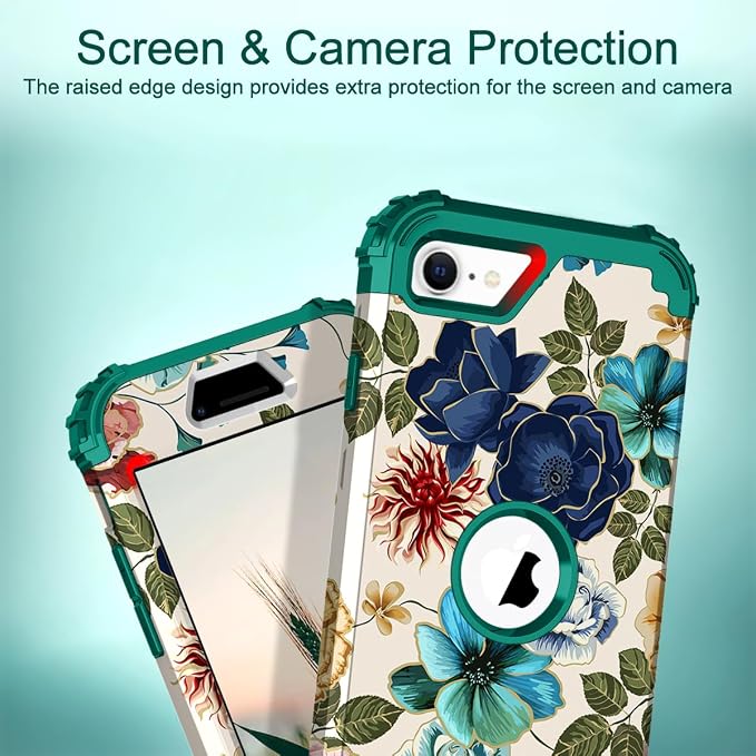 Hocase for iPhone SE 2022/2020 Case, Heavy Duty Shockproof Protection Hard Plastic+Silicone Rubber Hybrid Protective Case for iPhone SE 3rd/2nd Generation (4.7") - Teal Flowers