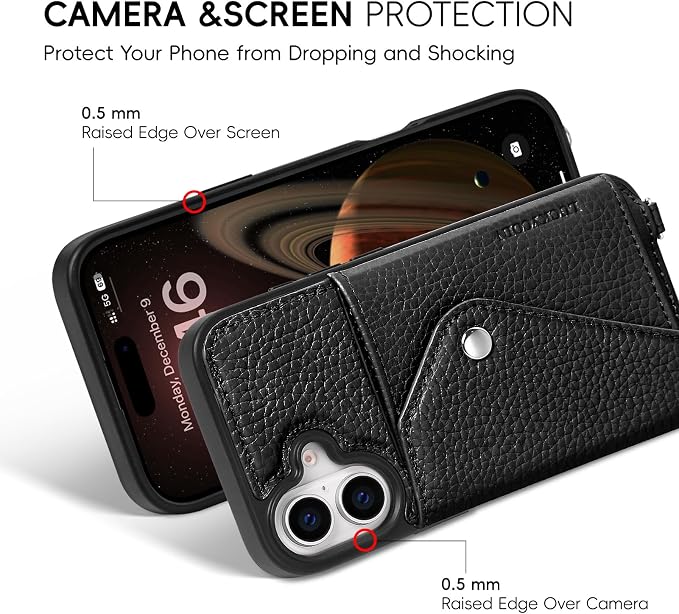 LUCKYCOIN for iPhone 17 Crossbody Wallet Case – Genuine Leather Phone Purse with Adjustable Strap and Card Holder,Lanyard Phone Purse Case for Women,Pebble Grain Black
