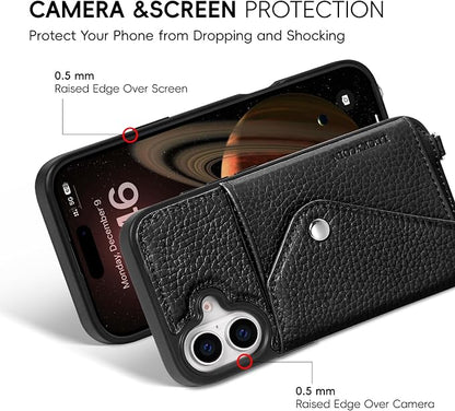 LUCKYCOIN for iPhone 17 Crossbody Wallet Case – Genuine Leather Phone Purse with Adjustable Strap and Card Holder,Lanyard Phone Purse Case for Women,Pebble Grain Black