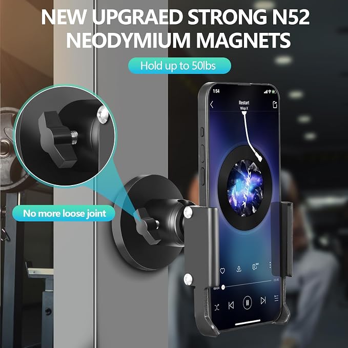 Vinkqiado Gym Magnetic Phone Holder, All Metal Magnet Base Phone Mount for Gym Equipment, Tractor, Refrigerator, Forklift, or Any Ferrous Metal Surface, Compatible with All Smartphones
