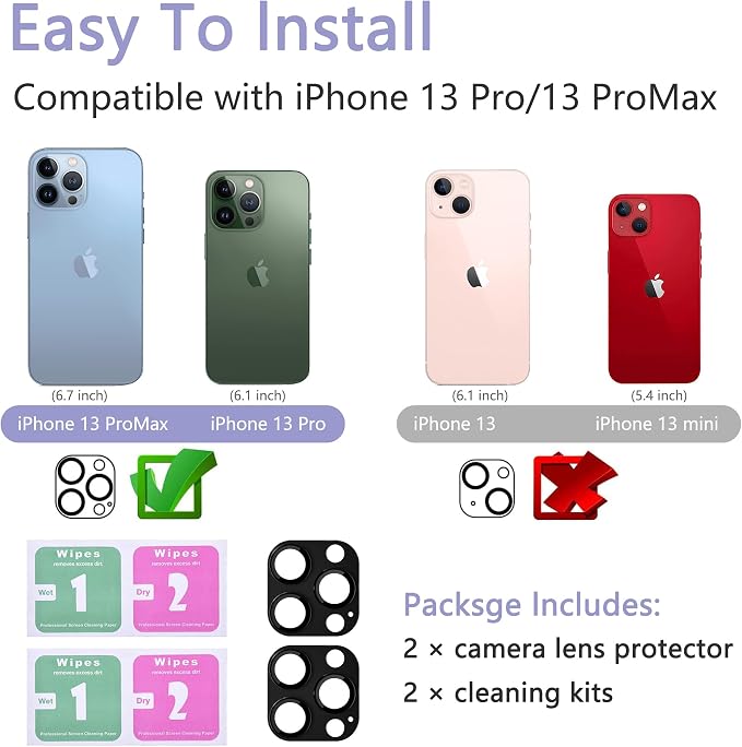2 Pack Camera Lens Protector for iPhone 13 Pro/13 Pro Max,[Not Easy to Breakn ] AR Tempered Glass Strong Adsorption Metal Camera Cover Screen-Black