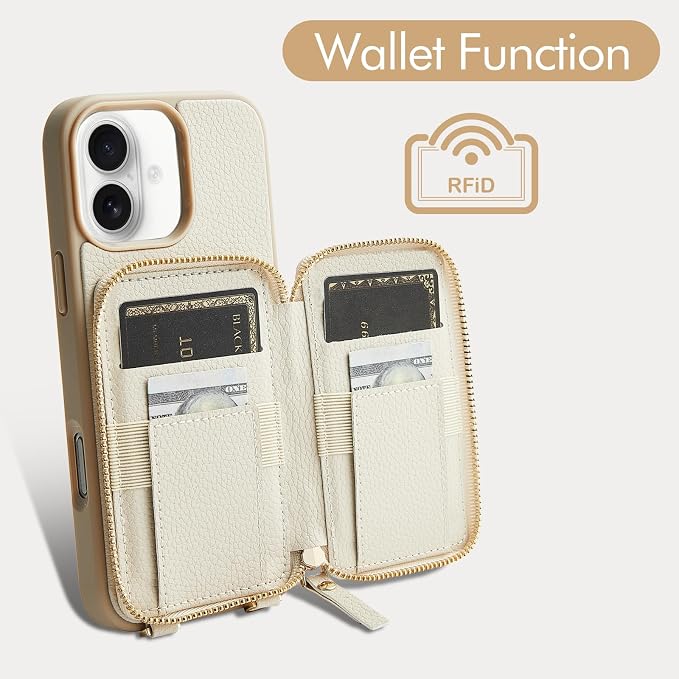 ZVE for iPhone 16 Case Wallet, RFID Blocking Leather Case with Card Holder, Crossbody Wrist Strap Phone Case for Women for iPhone 16 6.1" Beige