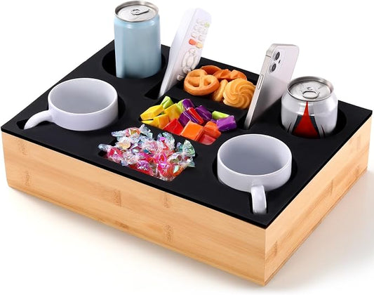 Yerliker Couch Cup Holder Tray, Silicone Lining Couch Caddy Waterproof Anti-spill Sofa Cup Holder for Bed Car Seat Organizer, Hold Mugs, Drinks, Snacks, Phones, Remotes(Rectangle,Black,Bamboo)