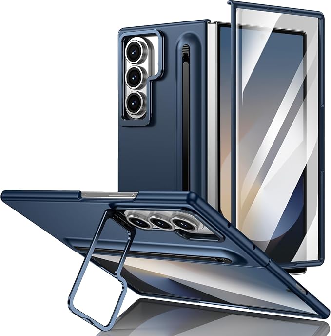 Slim PC phone Case for Samsung Galaxy Z Fold 6 with Built-in S Pen Holder, Adjustable Camera Kickstand, Anti-Scratch Front Screen Protector | Shockproof Matte Finish mobile phone case Dark Blue