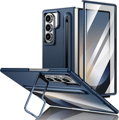 Slim PC phone Case for Samsung Galaxy Z Fold 6 with Built-in S Pen Holder, Adjustable Camera Kickstand, Anti-Scratch Front Screen Protector | Shockproof Matte Finish mobile phone case Dark Blue