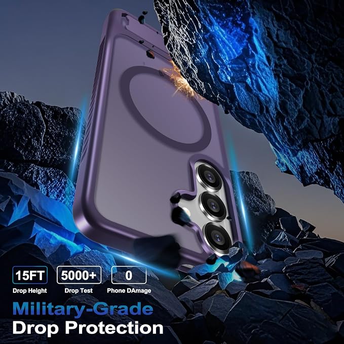 RMOCR for Samsung Galaxy S25 Case with Screen Protector+Lanyard Wrist Strap,Magnetic Translucent Matte Rugged Slim Phone Cover Built in Invisible Kickstand [Fit for MagSafe],2025 Purple