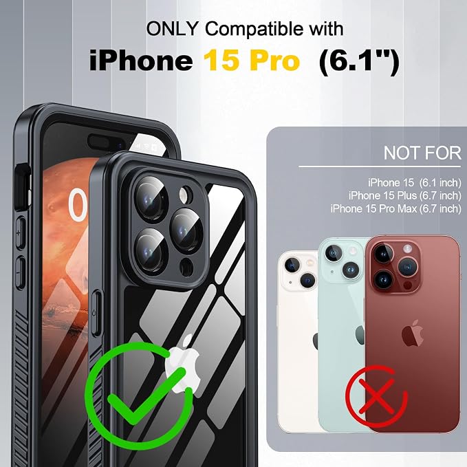 for iPhone 15 Pro Case Waterproof - Built-in Privacy Screen Protector & HD Screen Protector [IP68 Underwater] Shockproof Dustproof Full Body Protection iPhone 15 Pro Phone Case Black
