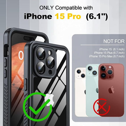 for iPhone 15 Pro Case Waterproof - Built-in Privacy Screen Protector & HD Screen Protector [IP68 Underwater] Shockproof Dustproof Full Body Protection iPhone 15 Pro Phone Case Black
