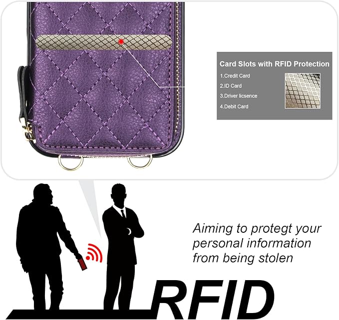 Bocasal Crossbody Wallet Case for iPhone 17 Pro Max, RFID Blocking PU Leather Zipper Handbag Purse Flip Cover, Kickstand Folio Case with Card Slots Holder Wrist Strap Lanyard 5G 6.9 Inch (Dark Purple)