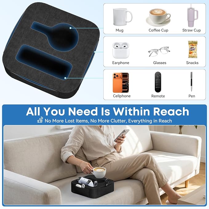 Couch Cup Holder Pillow, Couch Caddy for Drink, Snack, Phone, Remote, Game Controller, Removable and Washable Cup Cozy Pillow, Small Sofa Cup Holder Tray for Bed, Car, Desk, Sofa, Black