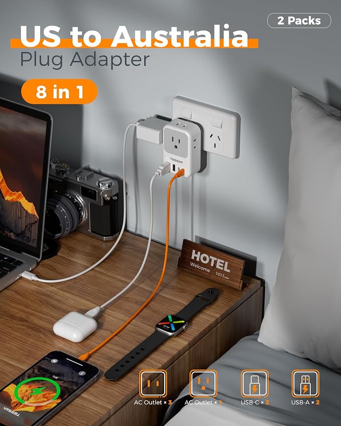 New Zealand Power Adapter 2 Pack, TESSAN PD 20W US to Australia Plug Adapter with 4 AC Outlets 4 USB Ports (2 USB C), Type I Travel Adaptor for USA to Australian Argentina China Fiji AU NZ Samoa