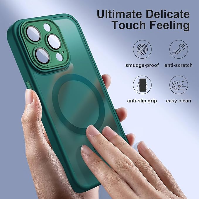 ROYBENS for iPhone 12 Pro-Max Matte Clear Case Compatible with Magsafe, Full Camera Lens Protection, Screen Protector, Wrist Strap, Translucent Magnetic Slim Hard Protective Phone Cover, Green