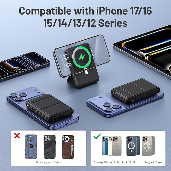 Azmuth for MagSafe Portable Charger, 10000mAh Magnetic Power Bank with 20W PD USB-C Fast Charging LED Display for MagSafe Battery Pack, Magnetic Travel Charger for iPhone 17/16/15/14/13/12 Series