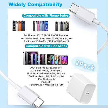 iPhone 17 16 15 Charger Fast Charging,2Pack 20W Fast USB C Charger Block Type C Charging Block with USB C to USB C Cable for iPhone 17/17 Air/17 Pro Max/16/16 Plus/16 Pro Max/15 Pro Max/iPad Pro/Air