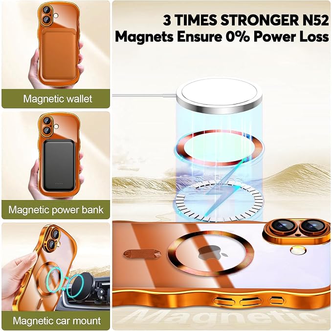 Misscase for iPhone 17 Case with Privacy Screen Protector,Compatible with MagSafe,Cute Wave Frame Anti-Scratch Case with Camera Lens Protector Plating Bling Case for iPhone 17 6.3" Women Orange
