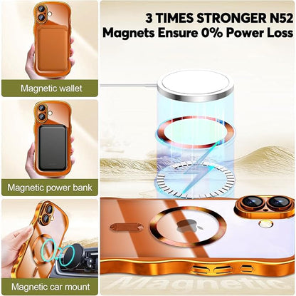 Misscase for iPhone 17 Case with Privacy Screen Protector,Compatible with MagSafe,Cute Wave Frame Anti-Scratch Case with Camera Lens Protector Plating Bling Case for iPhone 17 6.3" Women Orange