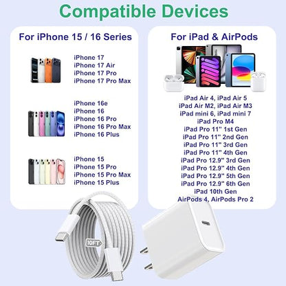 iPhone 16 15 Charger Fast Charging,3Pack 20W Fast Charging USB C Charger with 10Foot Long Type C to C Cable Cord TypeC Block Brick for iPhone 17/16e/16/16Pro/16 Plus/16 ProMax/15 Pro,iPad Air/Pro/Mini