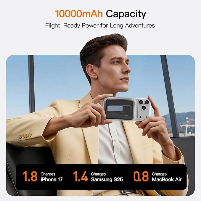 No More Forget Cables! 10000mAh Ultra Slim Magnetic Power Bank, Built-in USB-C & iPhone Cable, 20W Portable Charger with Foldable Stand, for iPhone 17/16/15/14/13/12 Series