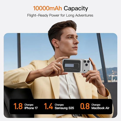 No More Forget Cables! 10000mAh Ultra Slim Magnetic Power Bank, Built-in USB-C & iPhone Cable, 20W Portable Charger with Foldable Stand, for iPhone 17/16/15/14/13/12 Series